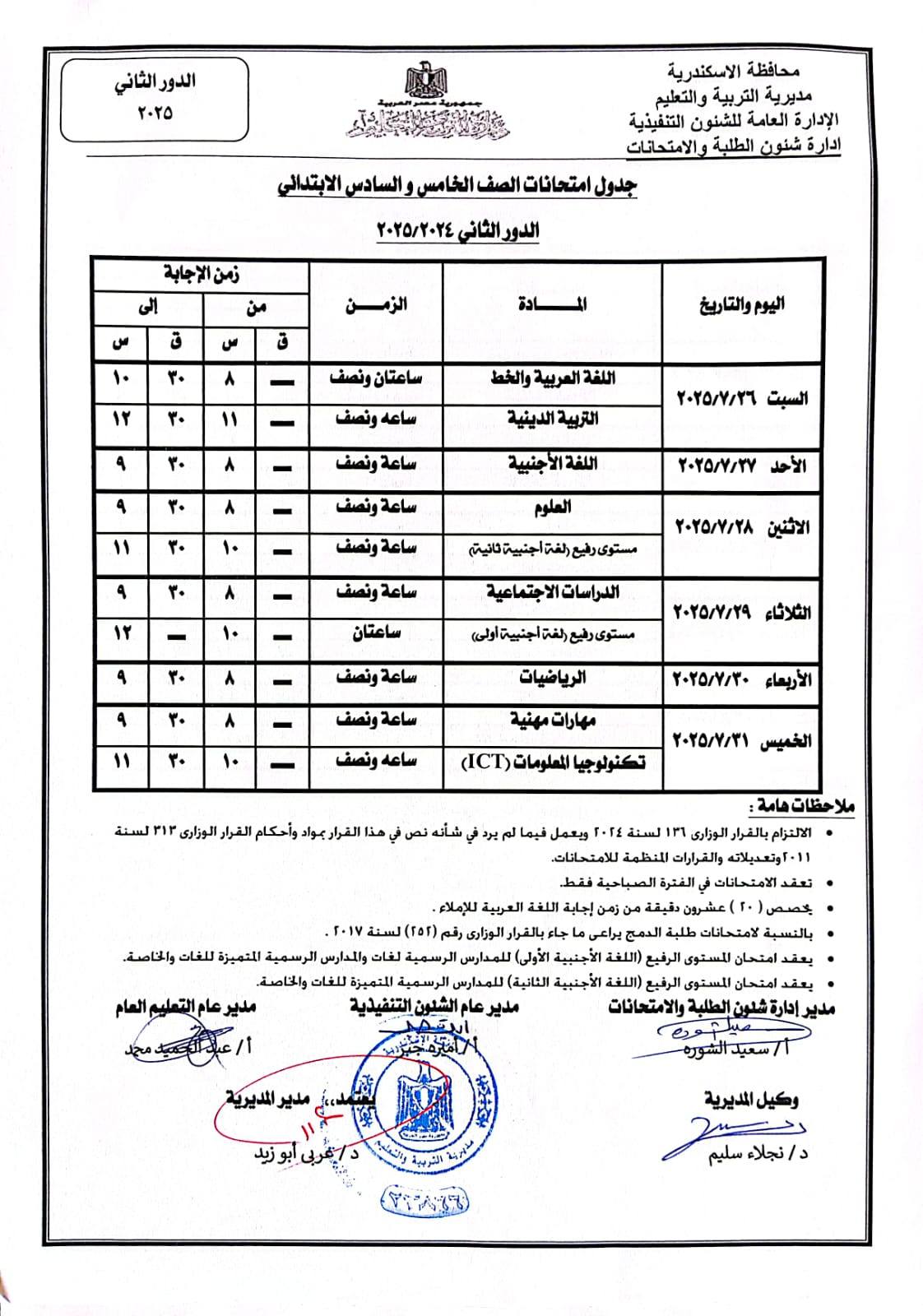 جداول امتحانات الدور الثاني للصفين الخامس والسادس الابتدائي 2025 بالإسكندرية